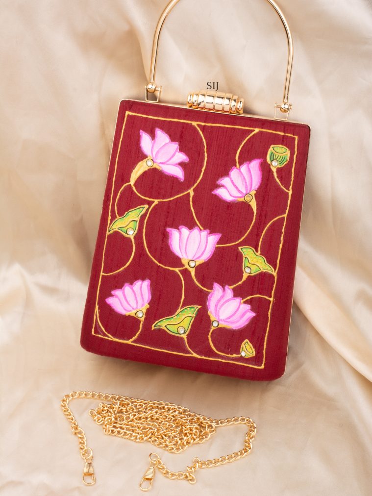 Tanjore Painted Maroon Silk Clutch Bag ALAIO00047