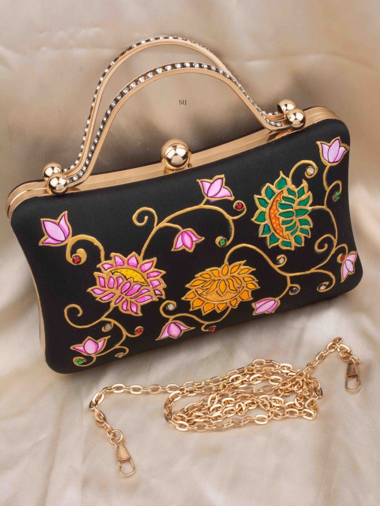 Tanjore Painted Pure Black Silk Clutch Bag ALAIO00061